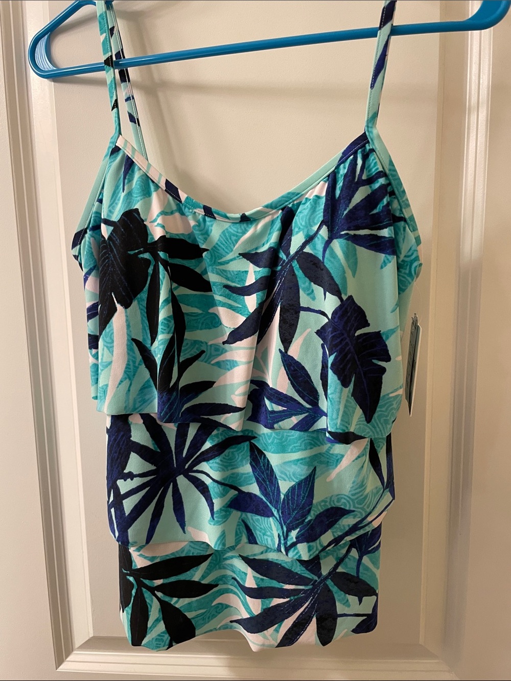 Tiered Tropical Print Swim Tankini Top - Teal & Navy